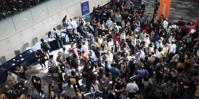 crowd of people in building lobby